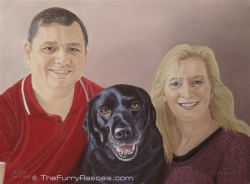 Portrait painting of a family and their Black labrador Dog in soft pastels